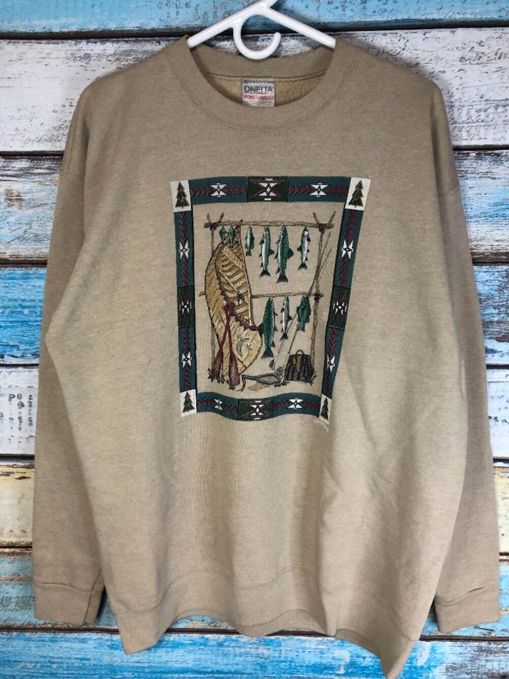 Vtg Native American Trout Fishing Jamestown Design Crewneck Sweatshirt XL USA
